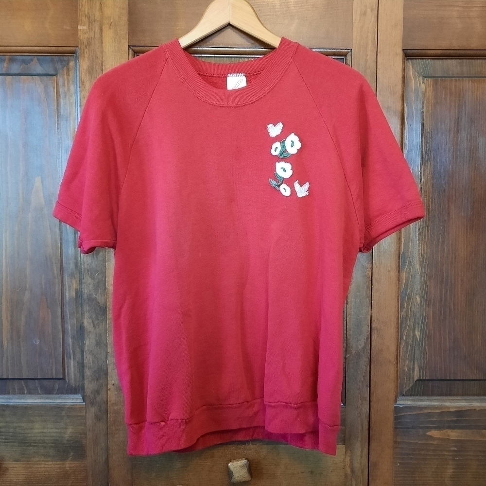 Vintage Jerzees red short sleeve floral applique crewneck sweatshirt Size XL